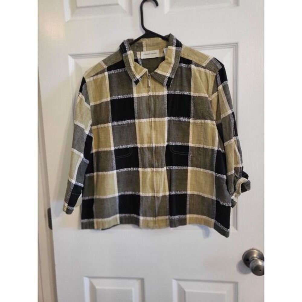 Lemon Grass Studio Women's Black Tan Large Checked Zip Up Jacket Size Large‎
